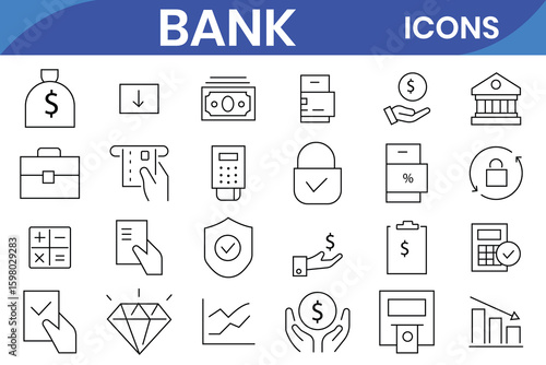 Bank icon set. Containing wallet, online banking, savings, loans, ATM, mortgage, investment, banger and more. Line vector icons collection.