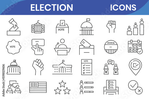 Election and voting icon set. Containing democracy, vote, government, voting, campaign, political, ballot, candidate and president icons. Outline icons vector collection.