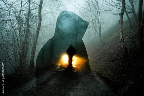 a horror edit of a double expsoure of a ghost like figure. With a blurred ghost figure in front of car headlights. On a spooky foggy winters evening in a forest.