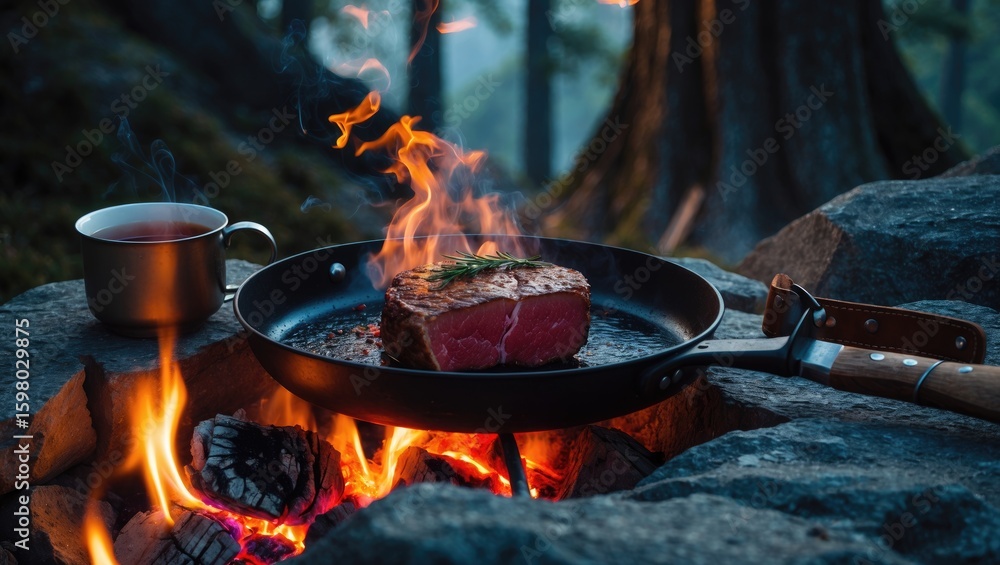 A piece of steak cooking over an outdoor fire in a forested setting, with a cup nearby. A piece of steak cooking over an outdoor fire in a forested setting, with a cup nearby.