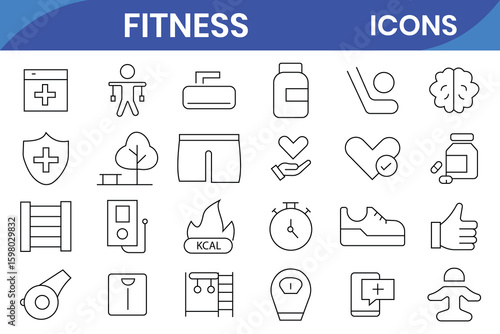 Fitness line icon set, Lifestyle, Cardio, Exercise, Meditate, training, yoga, workout, slim body, gymnastic, Fitness Program, Cardio, Vector illustration .