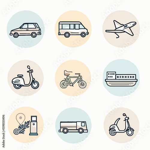 A collection of nine transportation icons including a car, van, airplane, scooter, bicycle, ship, gas station, truck, and another scooter, each set against a pastel circle.