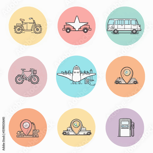 A collection of colorful circular icons depicting various modes of transportation.