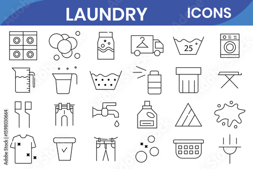 Laundry and Wash vector line icon set. Outline of Laundry related vector icons set design such as dryer, shirt, iron, hanger, washer, detergent, hanger, clothes, softener clean, machine vector. 