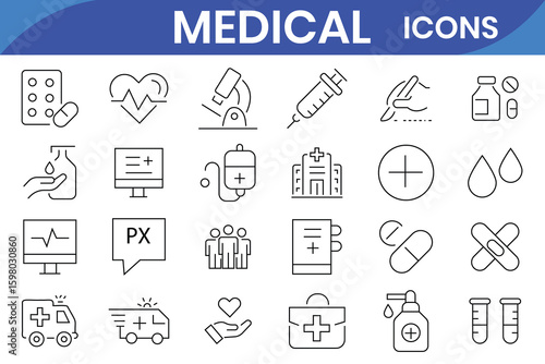 Medical icon set. Containing doctor, medicine, hospital, treatment, healthcare, nurse, pills, clinic and more. Line vector icons collection.