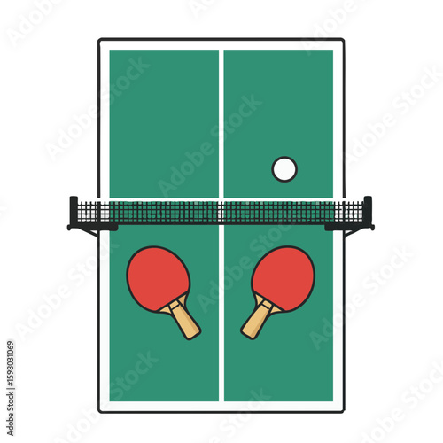 Top View of Ping Pong Table with Paddles and Ball Flat Icon