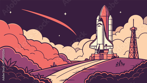 A vibrant vector illustration of a space shuttle launch, depicting a rocket ascending past a futuristic tower with city silhouettes and iconic European architecture against a starry sky