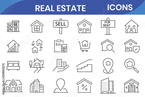 Real Estate line icons set. Real Estate outline icons collection. Purchase and sale of housing, rental of premises, insurance, realty, property, mortgage, home loan - stock vector. 