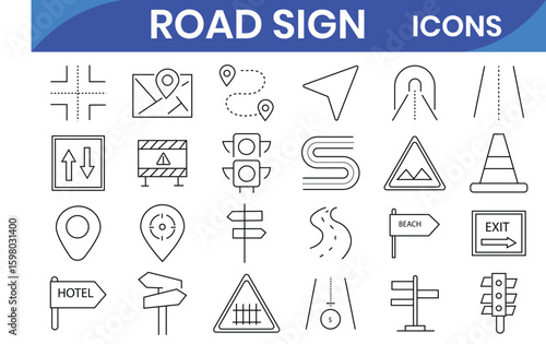 Road icon set. Containing street, highway, traffic light, signpost, directions, parking, route, GPS, drive, crosswalk, intersection and roundabout symbol. vector illustration