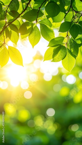 Bright morning sun shining through fresh green leaves on a tree branch, creating a natural background with beautiful bokeh.