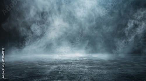Dark, empty room with concrete floor. Can be used to display products or create a mysterious atmosphere. Foggy background with white clouds moving across it.