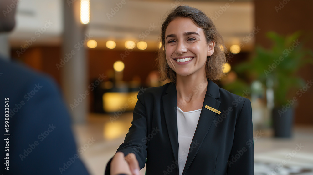Obraz premium Confident Businesswoman Shaking Hands in Modern Office Lobby