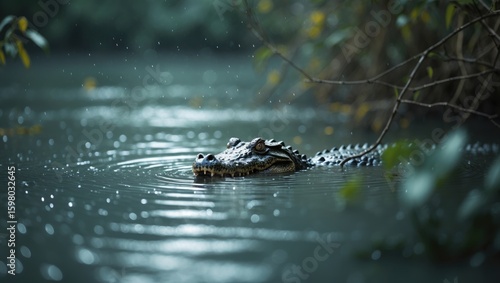 A crocodile swimming in water with surrounding greenery.