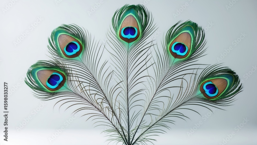 Obraz premium Peacock feathers with vibrant eye patterns and detailed filaments, displayed against a plain background. Elegant nature and bird plumage.
