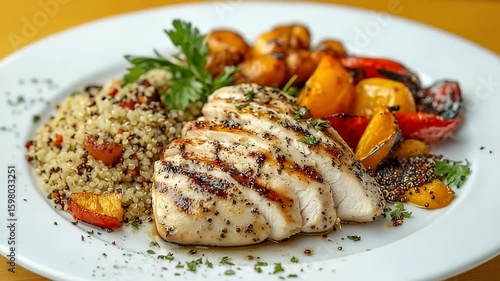 Sliced grilled chicken breast sits on a white plate with quinoa and roasted vegetables