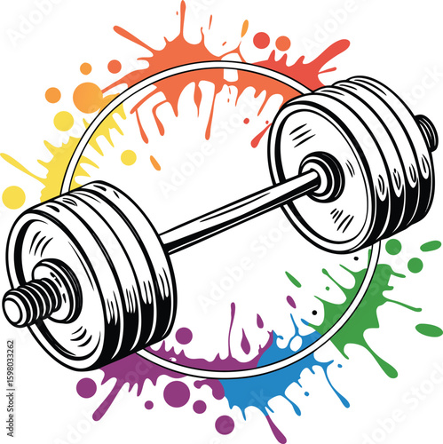 Dumbbell with colorful paint splashes and circular frame weightlifting fitness