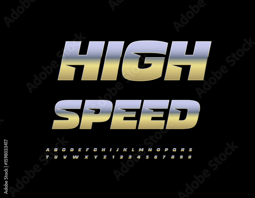 Vector Metallic icon High Speed. Dynamic Silver Font. Cool Steel Alphabet Letters and Numbers set.