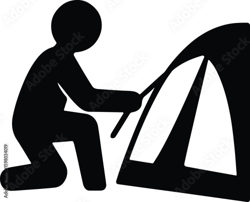 Silhouette camper pitches a tent outdoors camping adventure Vector Illustrator