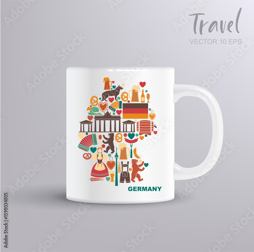 Vector illustration of Germany map made of national icons like beer, pretzel, sausage, bears, traditional clothes, architecture and more. Includes a clean white mug mockup. Perfect for souvenirs