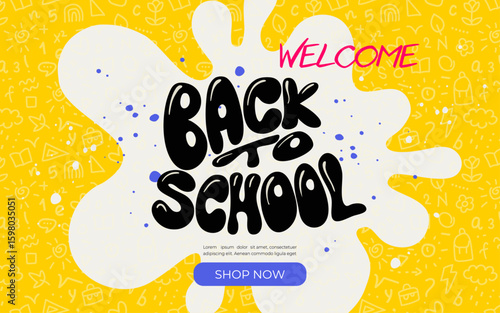 back to school yellow background with blot and  pattern, discount, sale, shopping, ads, horizontal banner, card, web, template, creative vector illustration