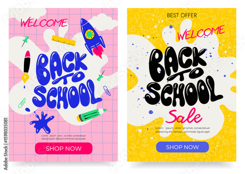 back to school set of vertical posters, card, banner, cover, discount, sale, shopping, template creative vector illustration