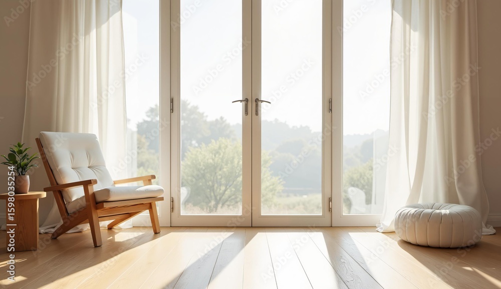 Fototapeta premium Bright, minimalist living room with large windows, wooden floor, and cozy seating.