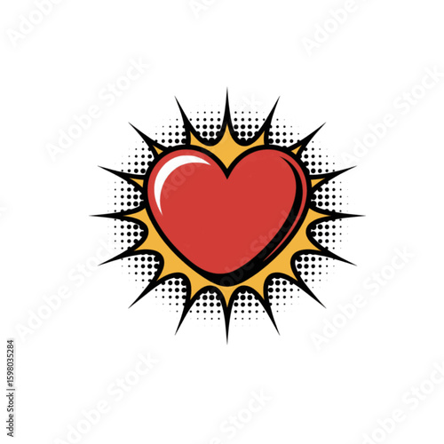 Glossy red heart on yellow-black burst background—ideal for love stickers, romantic social-media posts, dating app badges, pop-art décor, greeting cards.