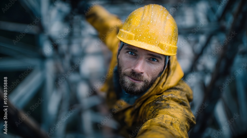 Fototapeta premium Worker in protective gear climbing electrical transmission tower