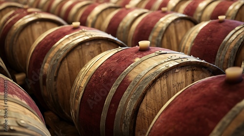 Rows of Wine Barrels in a Cellar Aging with Red Bands