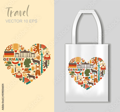 Vector illustration of Germany cultural symbols arranged in a heart shape with traditional elements, food, architecture, and national icons. Includes tote bag mockup for print or souvenir design