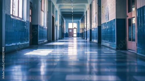 Empty hallway at a school or university during quarantine due to the Covid-19 outbreak. The lack of students affects learning and activities.