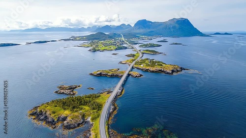 Aerial view of the Atlantic Ocean Road in Norway showcasing its stunning coastal scenery and