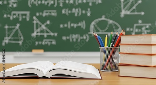Open book and pens on a desk in front of a chalkboard with math equations