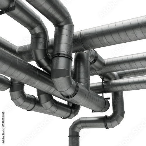 3D Render of Interconnected Metal Pipes on Transparent Background