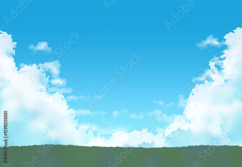 青空と雲と草原　背景イラスト　風景