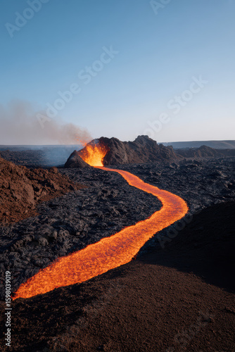 breathtaking volcanic landscape featuring flowing river of lava illuminated by bright sunlight