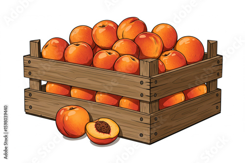 Fresh peaches piled high in a rustic wooden crate, some fruit displayed at the base
