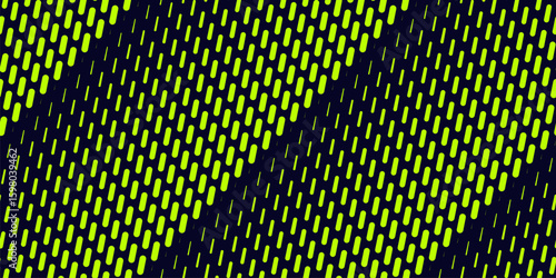 Vector halftone seamless pattern with diagonal dash lines, fading stripes, mesh.  Neon green and black texture with gradient transition effect. Extreme sport style background. Trendy abstract design