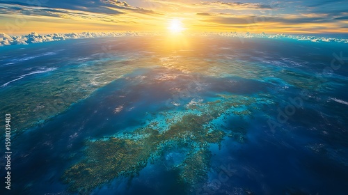 Aerial Ocean View at Sunset with Coral Reefs and Dramatic Skies