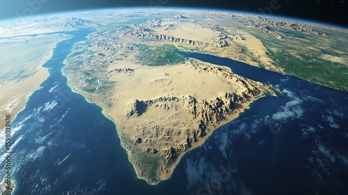 Aerial View of Arabian Peninsula From Space Showing Desert and Water
