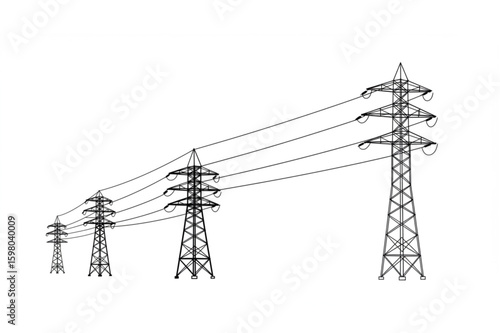 Electrical transmission towers carrying high voltage power lines across the landscape