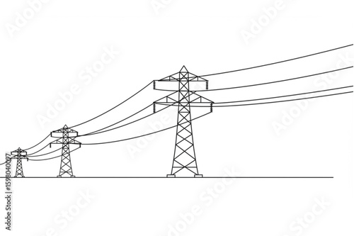 Power lines stretching into the distance, supported by transmission towers in linear formation