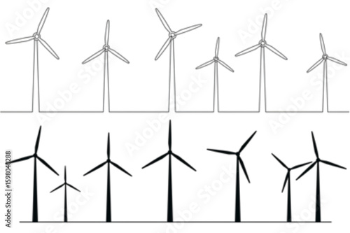Wind turbine silhouettes and outlines showcase sustainable energy generation concept