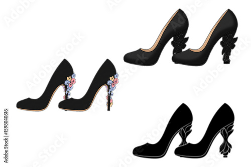 Elegant black high heel shoes with floral designs on the heels, fashion and footwear concept