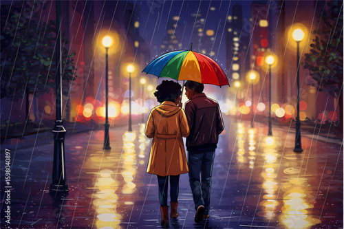 Couple walking under an umbrella in the rain on a city street at night with streetlights