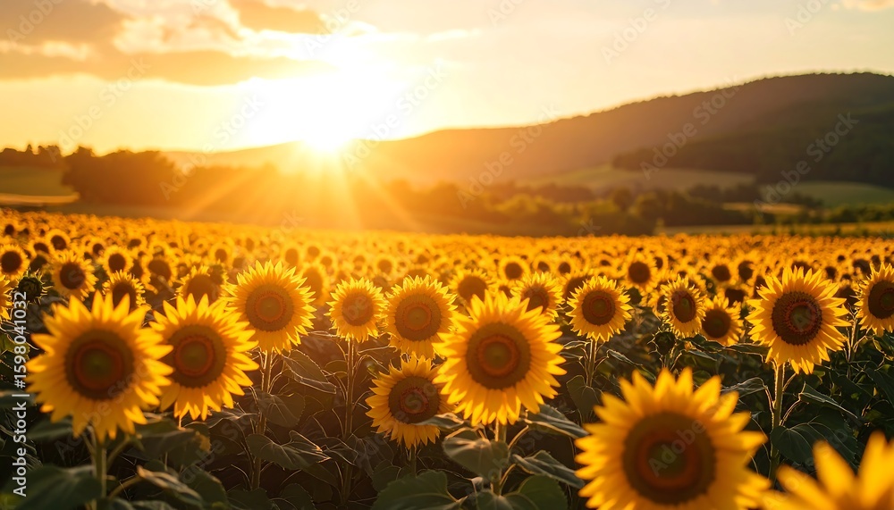 Fototapeta premium Golden Hour Sunlit Sunflower Field with Rolling Hills in the Background