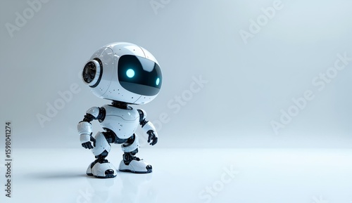 A small, white and black robot with glowing blue eyes stands on a reflective surface against a neutral background.