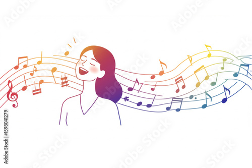 Woman singing surrounded by musical notes in vibrant rainbow colors and flowing lines