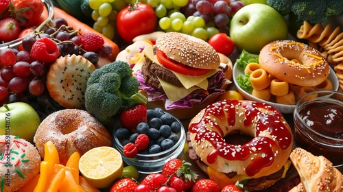Healthy foods like fruits and vegetables are contrasted against 'bad' foods such as fast food, sweets and pastry. It represents the conflicts a diet and detox lifestyle.