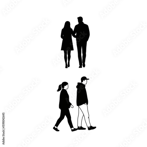 Silhouetted couples walking together, one casual, one more formal in black and white